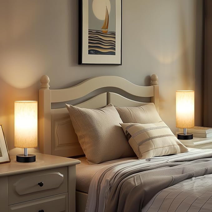 Table Lamps Set of 2（Cream Shade - Black Base, 11.6" Inline Control） | Bulb not Included | Small Lamps for Bedroom | Desk Lamp for Reading | for Living Room | for Dorm | Linen Shade