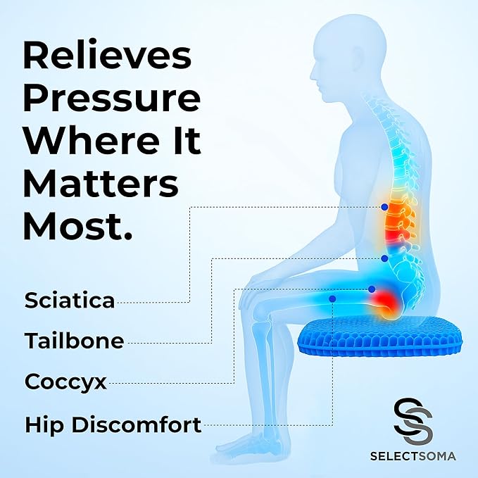 SelectSoma Double-Thick Gel Seat Cushion for Long Sitting Pressure Relief for Back, Sciatica, Coccyx, Tailbone Pain - Cushion for Office Chair, Wheelchair, Car & Truck, Patio Chairs - Egg Seat Pad