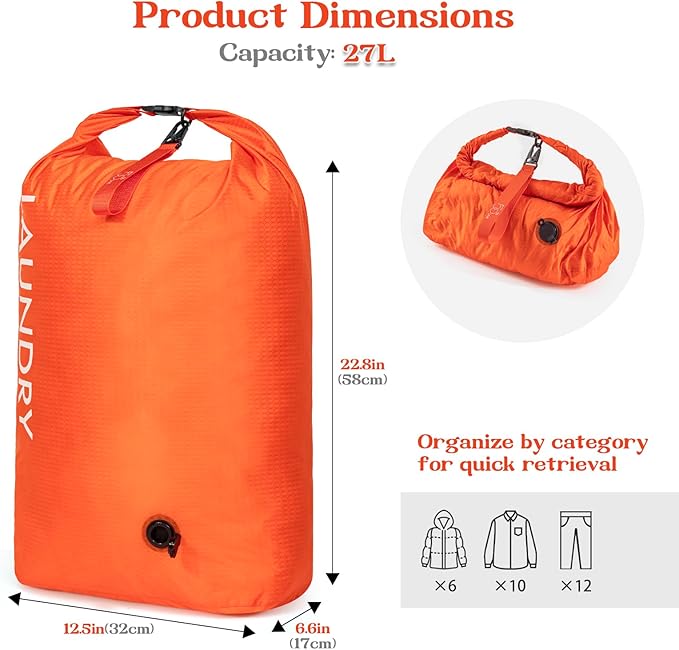 Travel Laundry Bag, Vacuum Compression Dirty Clothes Travel Bag, Waterproof Wet/Dry Space-Saving Laundry Storage Organizer, Smell Proof Storage Bag for Clothing, Swimming, Yoga, Gym, Camping
