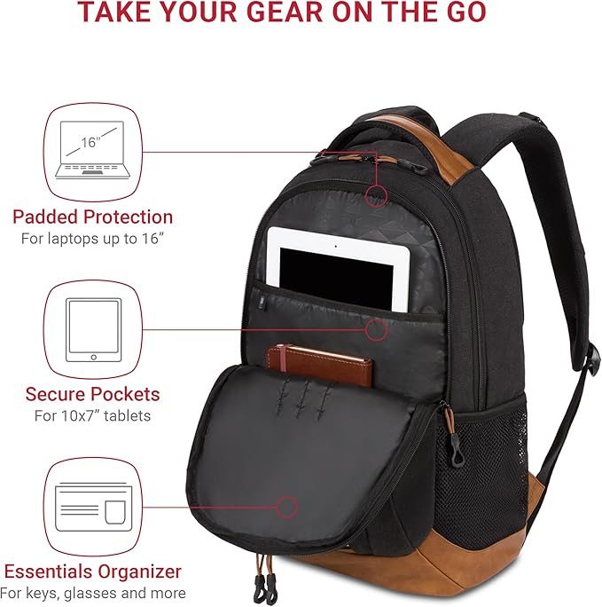 SWISSGEAR Cecil 18-Inch Laptop Backpack Fits 16-Inch Laptop, Travel Daypack with Organizer Pockets, Water Bottle Holders & Padded Straps – Black Canvas/Brown