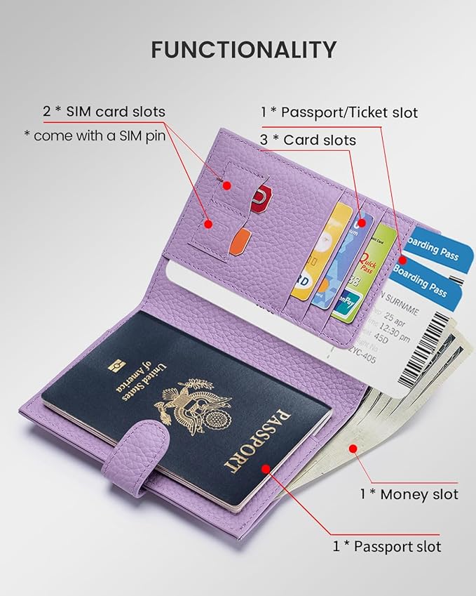 Karmiir RFID Passport Holder Travel Wallet for Women, Leather Passport Cover Wallet with Card Holders SIM Slots,Zippered Coins Pocket and Cash Slot Slim Compact Travel Wallet (Taro Purple)