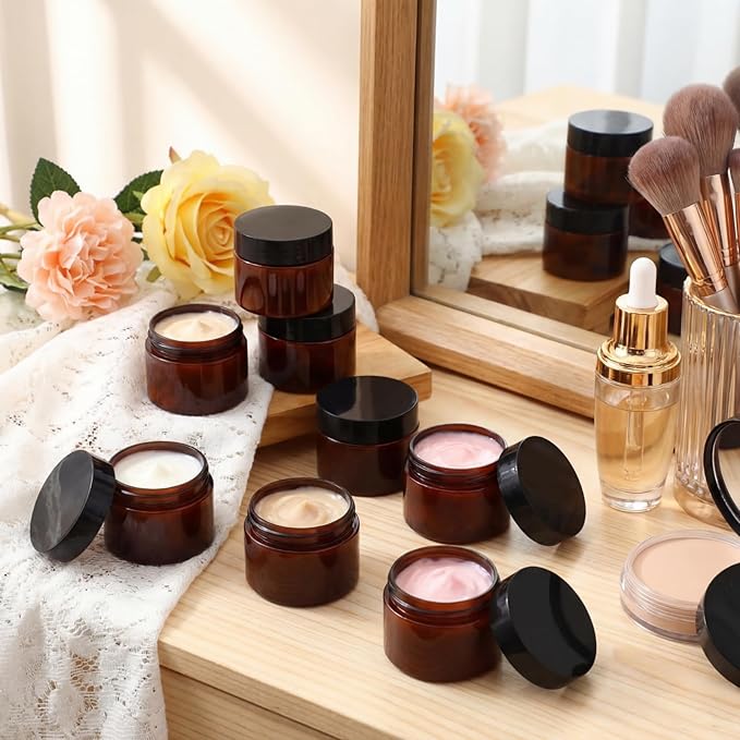 Patelai 4 Pieces Round Wide-mouth Leak Proof Plastic Container Jars with Lids for Travel Storage Makeup Beauty Products Face Creams Oils Salves Ointments DIY Making(1 Ounce,Amber)