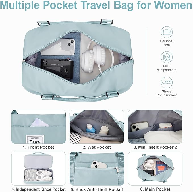 Large Weekender Bags for Women, Travel Duffel Bags with Shoe Compartment,Personal Item Travel Carry on Overnight bag for women Travel Set,Light Blue