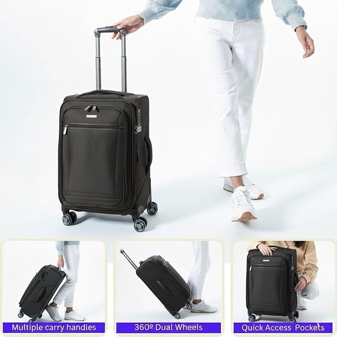 Ricardo Beverly Hills Avalon Softside 3-Piece Luggage Set Made with Sustainable 100% Recycled PET (rPET), Lightweight, Eco-Friendly Travel, Expandable, Dual Spinner Wheels, Black