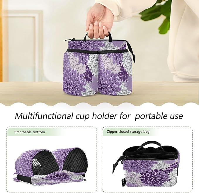 DOMIKING Watercolor Flowers Floral Purple Travel Luggage Cup Holder for Suitcase Free Hands Drink Stroller Caddy with Handle for Beverages Bottle