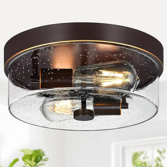 Flush Mount Ceiling Light Fixtures, 2-Light Oil Rubbed Bronze Ceiling Mount for Farmhouse with Seeded Glass Lampshade, Industrial Flush Mount Light Fixture for Hallway, Kitchen, Entryway and Foyer