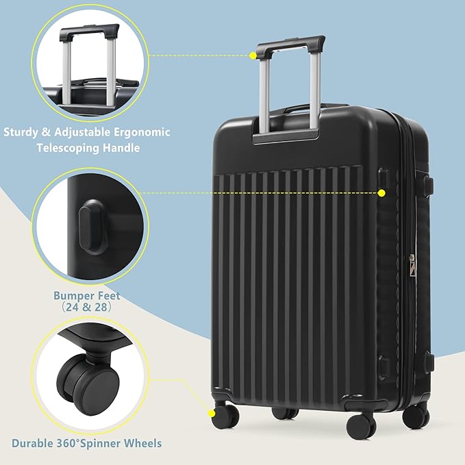 Merax 3 Piece Luggage Sets, Hardside Lightweight Carry on Suitcase,Durable Expandable Luggage with Travel Bags Spinner Wheels and TSA Lock,Black
