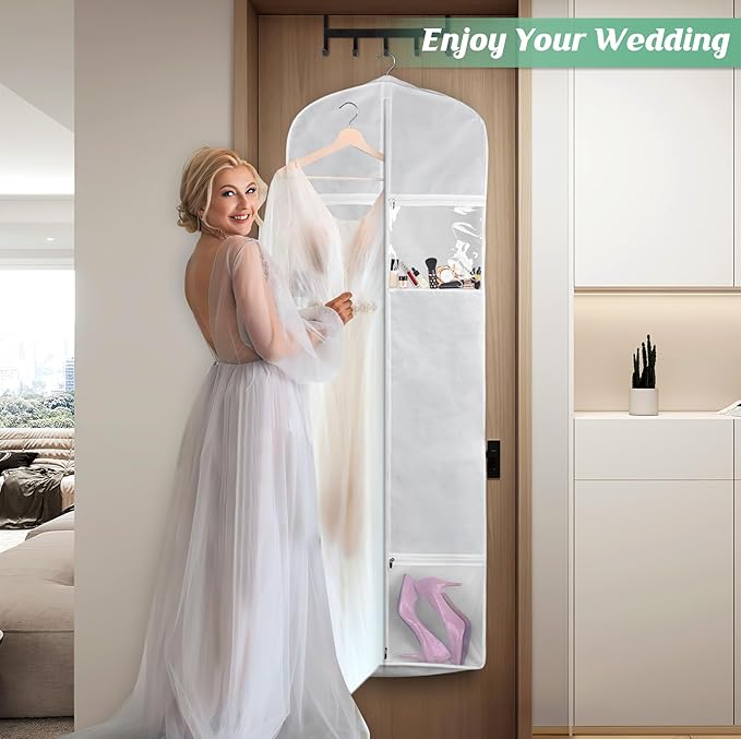 MISSLO 65" Wedding Dress Garment Bag with Bride Tote Bag 6'' Gusseted Dress Bags for Gowns Long 4 Pockets Wedding Dress Storage Bag for Women, White