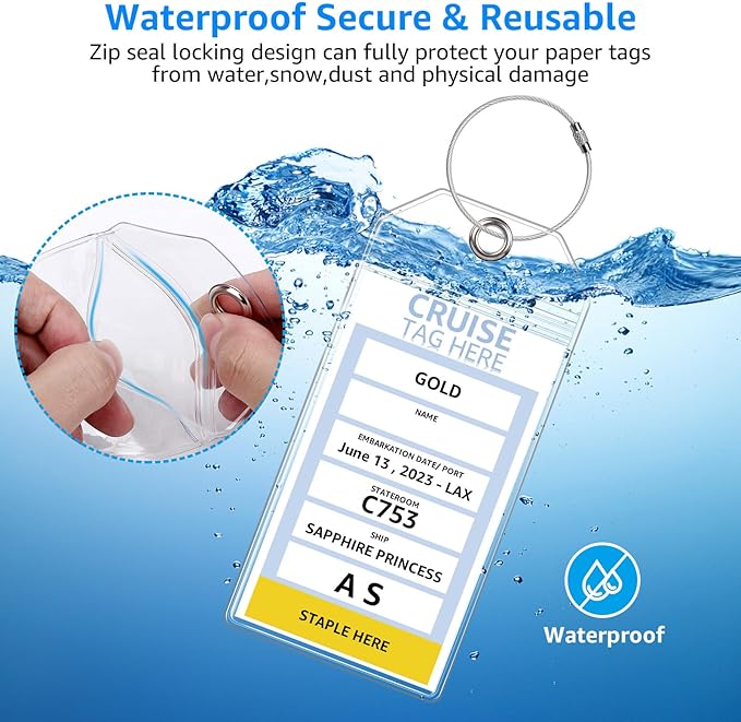 5 Pack Cruise Luggage Tag Holders for Carnival, NCL, Princess, MSC Cruise Ships, Clear Cruise Tags Holders with Zip Seal by FUNMCAN, Wide Waterproof Cruise Essentials Cruise Accessories Must Haves
