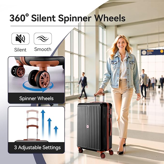Hoteel Luggage Sets 3 Piece ABS+PC Hardside, 4-Year Warranty, Luggage Set with Spinner Wheels, TSA Lock, Lightweight Carry on Luggage, 20" Suitcase with Duffel & Organizer, Black