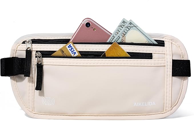 Money Belt - Slim Passport Holder RFID Blocking Travel Wallet Undercover Fanny Packs for Men Women - Beige
