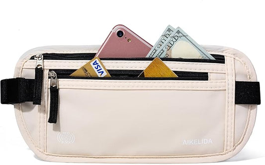 Money Belt - Slim Passport Holder RFID Blocking Travel Wallet Undercover Fanny Packs for Men Women - Beige