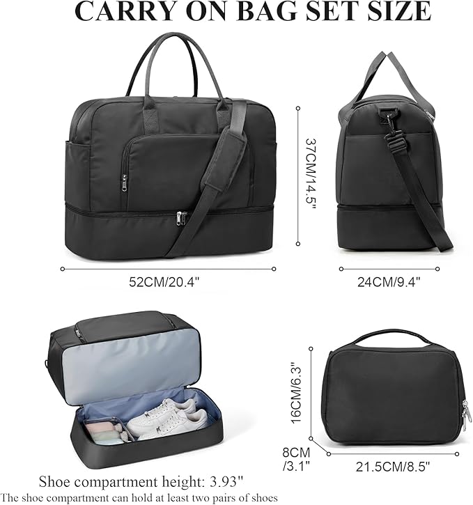 Weekender Bags for Women, Travel Duffel Overnight Carry On Weekend Bag with Shoes Compartment & Toiletry Bag,Black