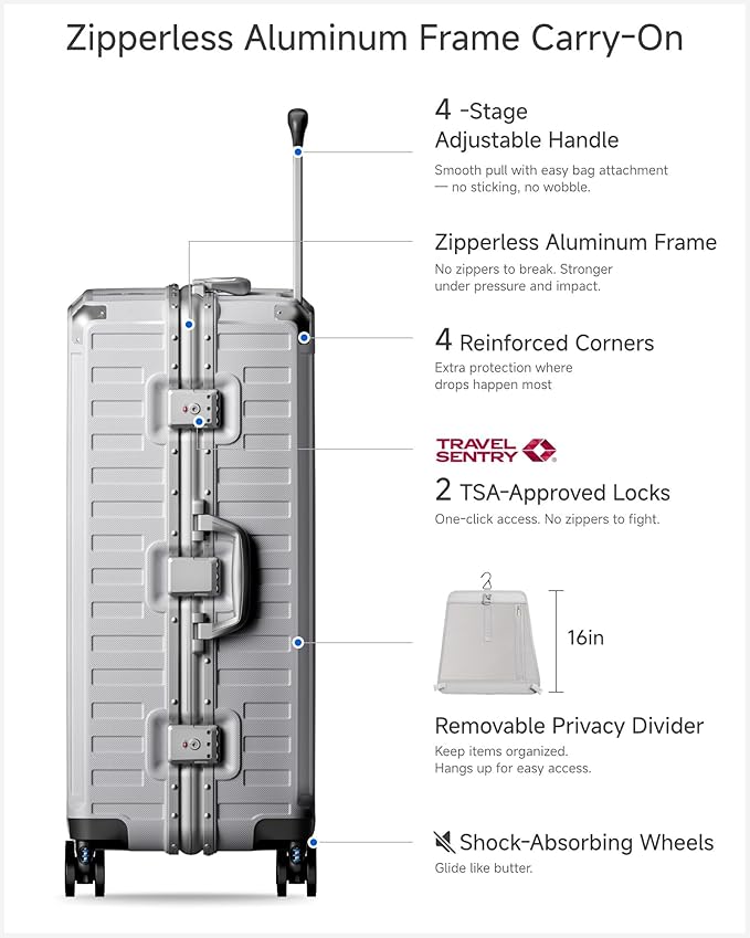 LUGGEX Checked Suitcase with Spinner Wheels, 8010S Aluminum Frame Zipperless Polycarbonate Hard Shell Suitcase (ZX-Core, Silver, 28 Inch)