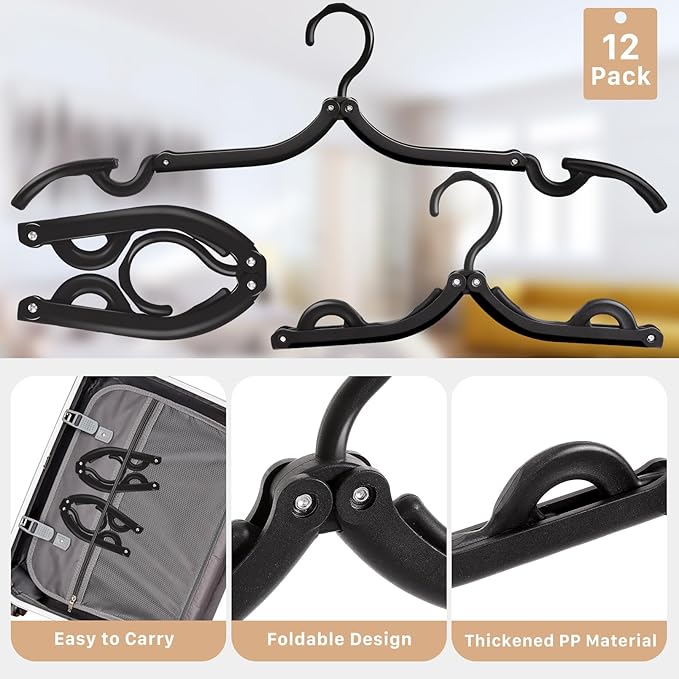 24Pcs Travel Hangers,Portable Folding Hanger,Lightweight Folding Hanger Non-Slip Travel Accessories for Clothes,Black Foldable Hangers Clothes Drying Rack for Home Outdoor Indoor