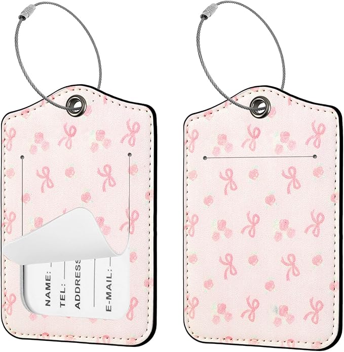 Seorsok 2Pcs Luggage Travel Tags for Suitcases,Pink Bow PU Leather Name Tag with Privacy Cover&ID Label Address Card and Durable Metal Ring Suitable for Men Women Handbags Backpack,Blooming Rose
