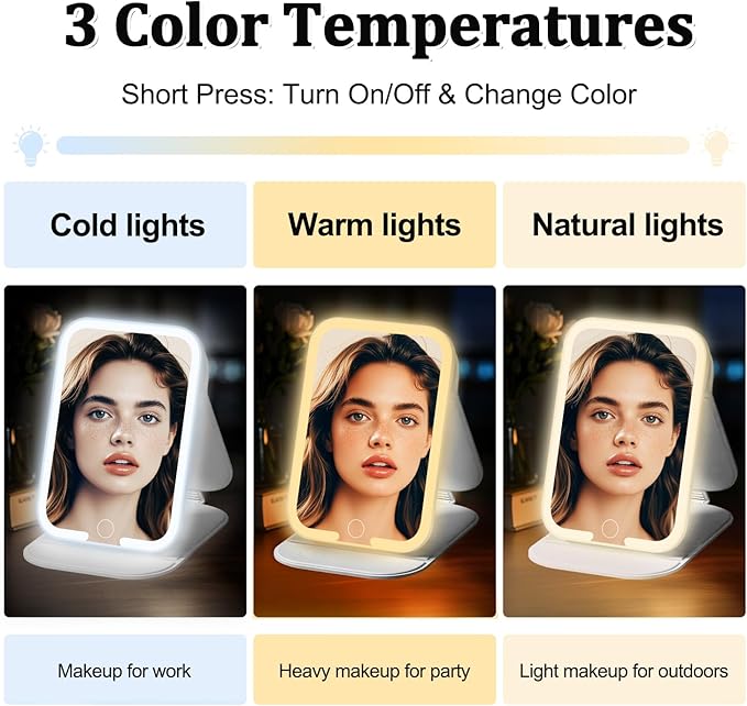 Rechargeable Travel Mirror with Light, LED Makeup Mirror with Lights, Portable Vanity Mirror with 3 Color Lighting, Touch Dimmable Lighted Cosmetic Mirror, Travel Essentials (White)
