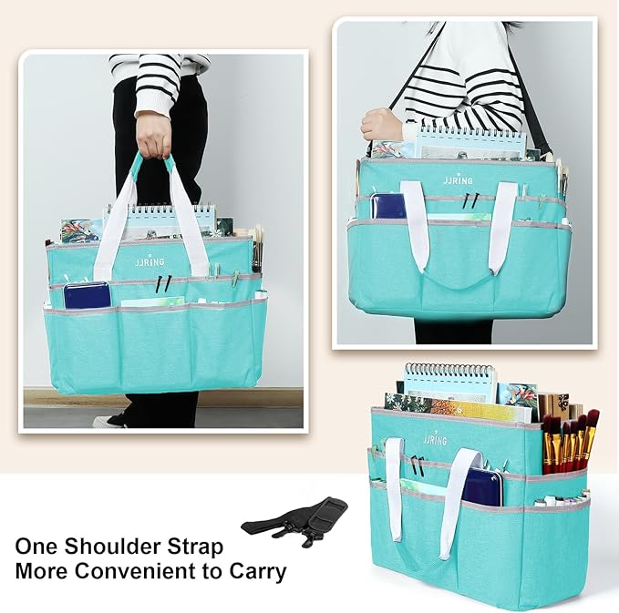 JJRING Craft Organizer Tote Bag, Large Art Storage Caddy with Multiple Pockets, Sky Blue Sewing Bag for Art, Craft, Scrapbooking, School, Medical, and Office Supplies Storage
