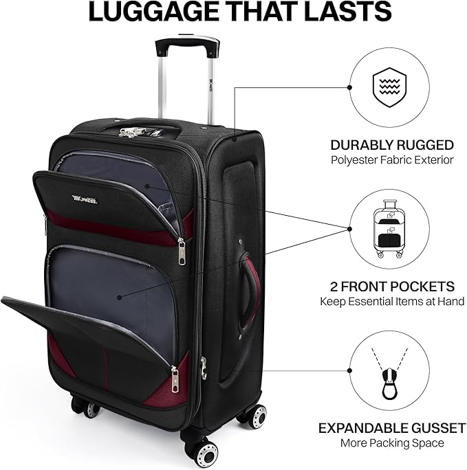 28" Large Softside Expandable 15% Checked Luggage with Double Spinner Wheels LOCK,Lightweight Travel Suitcase for Men/Women（Black-Burgund,28in）