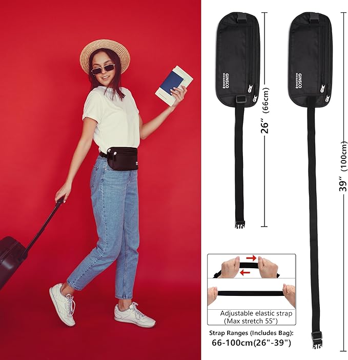 Money Belt for Travel Women Hidden Ginsco Slim RFID Blocking Passport Holder Unisex Travel Money Belt Under Clothes Anti Theft Travel Hidden Wallet for Travelling Workout Running Black 11''