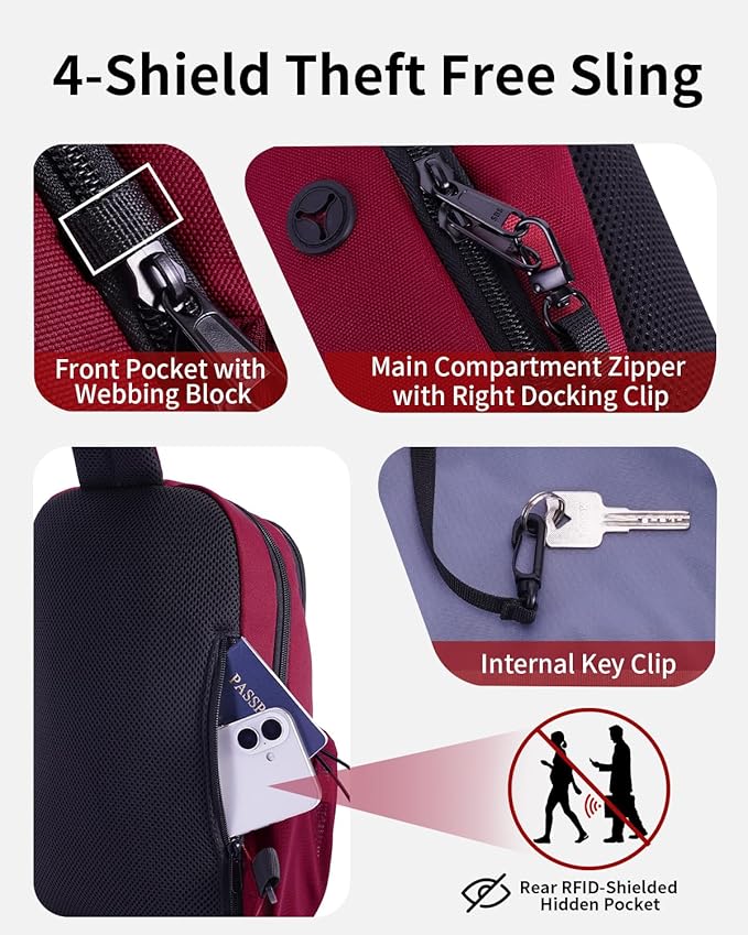 ECOHUB Anti-Theft Crossbody Bag Men Women, RFID Blocking Lightweight Sling Backpack Eco-Friendly with 9 Pockets Sturdy SBS Zippers Water Resistant for Travel Work Hiking Outdoor, Red