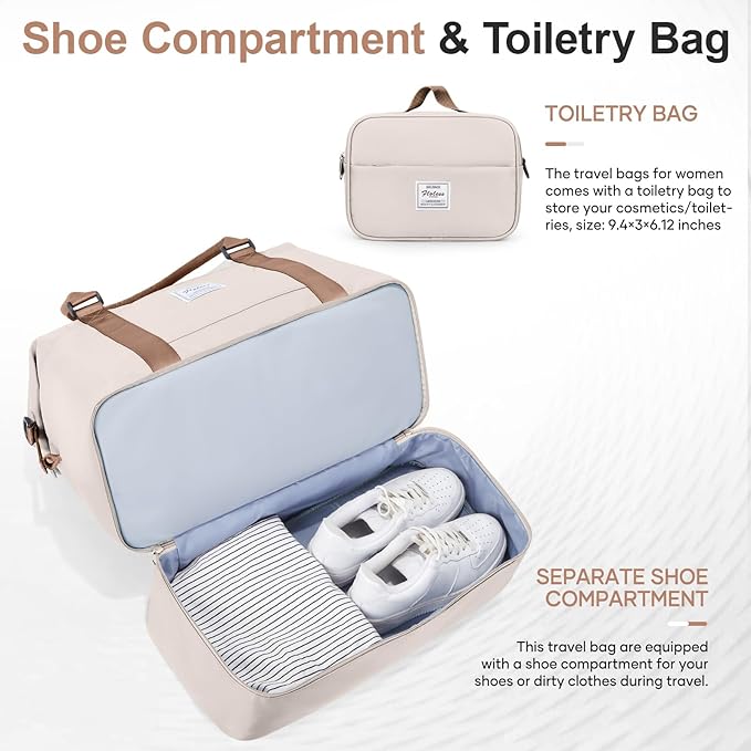 Overnight Weekender Bags for Women,Vacuum Travel Duffel Bag with Air Pump, Personal Item Travel Bag with Shoes Compartment & Compression Pocket,Beige & Brown