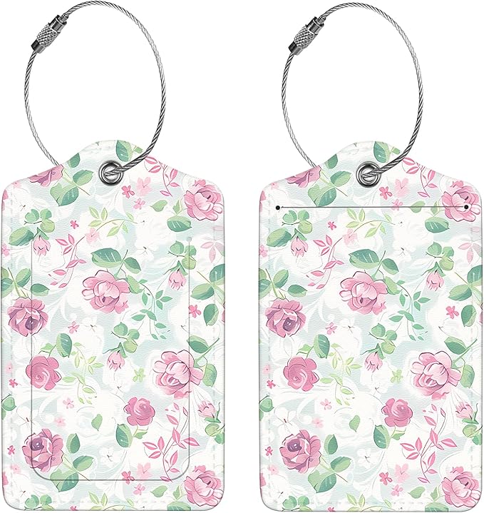 2 Pcs Luggage Tags for Suitcase, Cute Unique PU Leather Travel Bag Tag with Privacy Cover ID Label Address Card and Durable Metal Ring Suitable for Men Women Children Backpack,Flower A