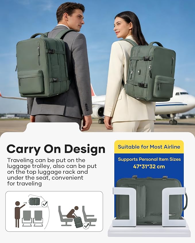 VECAVE Vacuum Backpack Travel with Pump, Expandable Personal Item Carry on Backpacks for Women Men, Laptop Waterproof Work Compression bags with USB Casual Daypack Green