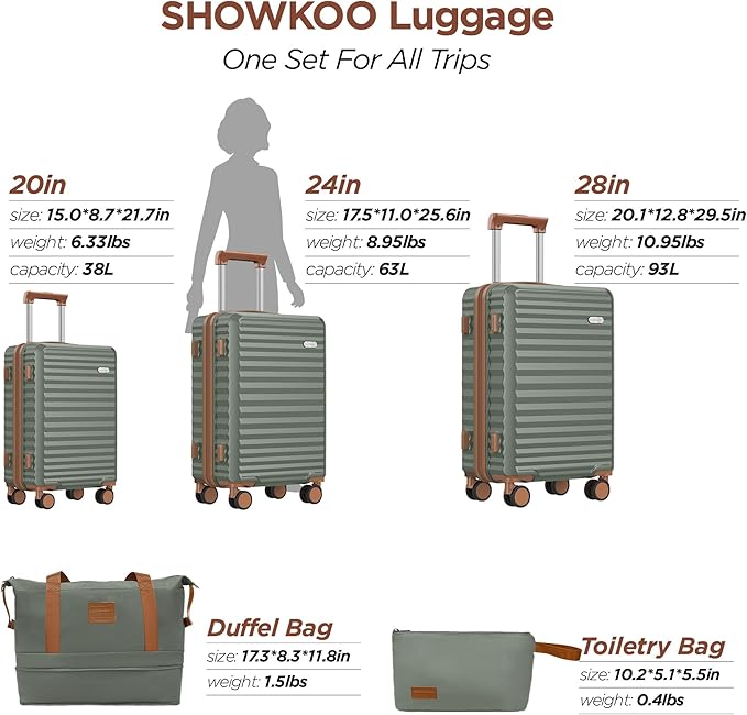 SHOWKOO Suitcase Hardside Expandable Luggage Set, Suitcase with Double Spinner Wheels TSA Lock 3 Piece Set Green (DB/TB/28in)