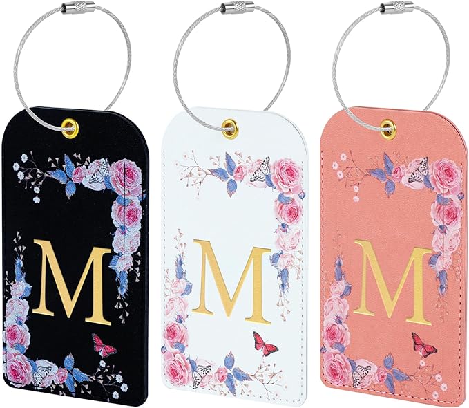 3 Pack Luxury Floral Luggage Tags, Durable PU Leather Suitcase Tags with Stainless Steel Cable Strap, Hidden ID Slot for Privacy Protection, Easy to Identify Waterproof Travel Accessories Gift (M)