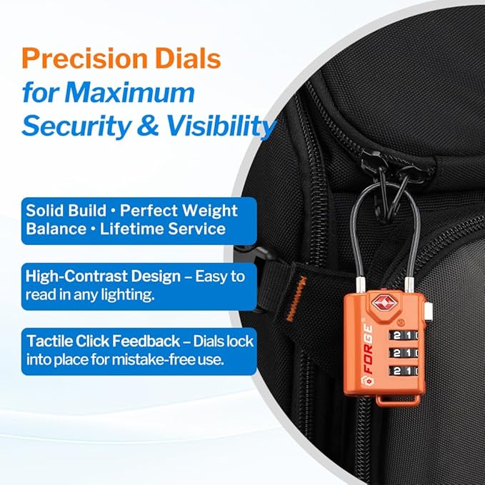 TSA Approved Cable Luggage Locks, Re-settable Combination with Alloy Body, Orange 4 Locks.