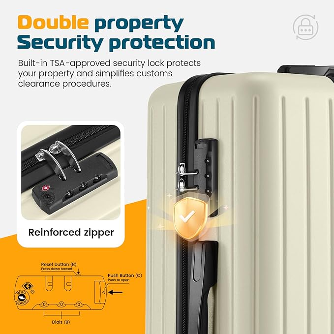 Hoteel Luggage Sets 3 Piece, 4-Yr Warranty, PC+ABS Suitcases with Wheels and Side Hook, Hardshell 20 inch Luggage with Duffel Bag Travel Bag, Beige(20/DB/TB)