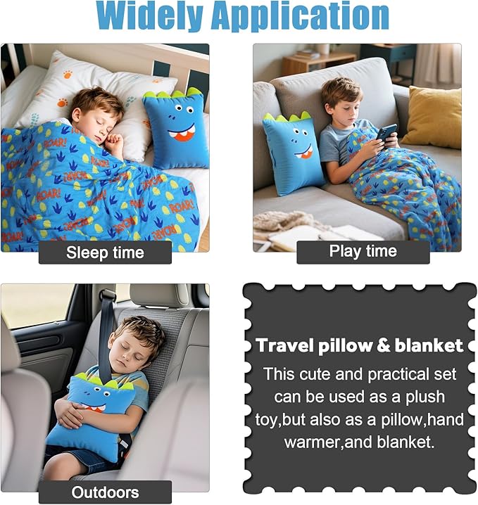 3 in 1 Kids Travel Pillow and Blanket Set - 40x60in, Plush Pillow with Hand Warmer, Dinosaur Pillow Blanket for Boys Birthday Christmas Party Favors and Travel Essential
