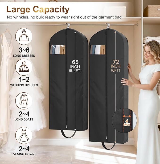 MISSLO 72" Wedding Dress Garment Bag for Travel Waterproof Dress Bags for Gowns Long 4" Gusseted Dresses Protector Bag for Closet Storage Clothing Covers for Hanging Clothes, Black