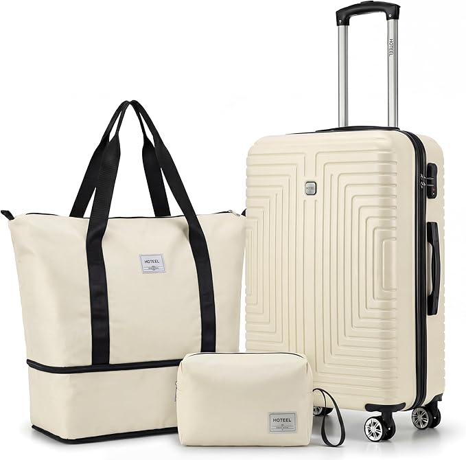 Hoteel Luggage Sets 3 Piece,(4-YEARS WARRANTY) ABS+PC Hardshell Carry On Luggage Airline With TSA Lock,Dual-Spinner Wheel, Expandable Duffle Bag For Lightweight Travel,Business,Beige
