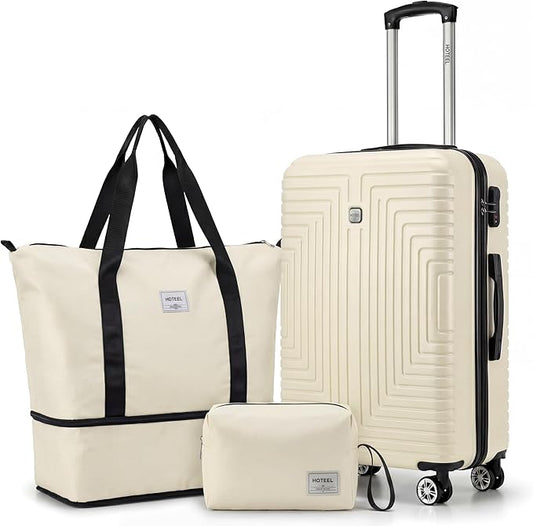 Hoteel Luggage Sets 3 Piece,(4-YEARS WARRANTY) ABS+PC Hardshell Carry On Luggage Airline With TSA Lock,Dual-Spinner Wheel, Expandable Duffle Bag For Lightweight Travel,Business,Beige