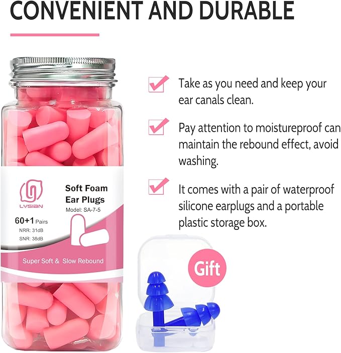 LYSIAN Ultra Soft Foam Ear Plugs for Sleep Noise Reduction -38dB Noise Cancelling Earplugs for Sleeping, Snoring, Shooting, Travel, Women-60 Pairs-Pink Color