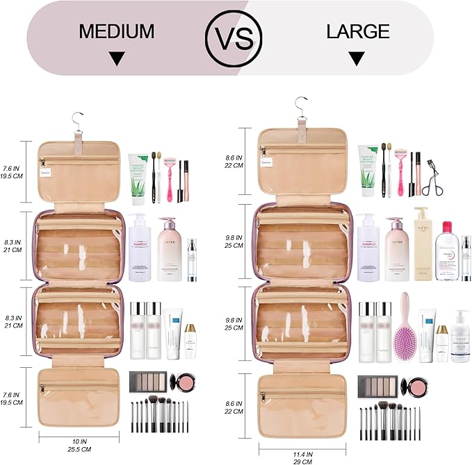 Travel Hanging Toiletry Bag for Women, with Jewelry Organizer Compartment, Medium Waterproof Hanging Makeup Accessories, Cosmetic Essentials, Toiletries Dopp Kit Set with Trolley Belt, Dark Purple