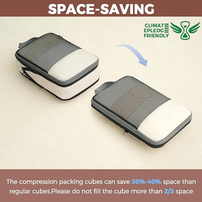 BAGAIL 4 Set/6 Set/8 Set Compression Packing Cubes Travel Accessories Expandable Packing Organizers (Half Mesh, 6-Beige)