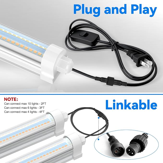 JESLED Waterproof T8 Grow Lights, 4FT 5000K Full Spectrum Daylight, 2Packs | 96W(2 X 48W), 600W Equivalent, V-Shaped Beam, On/Off Switch, Linkable Plant Light Strip for Greenhouse, Shelf, Indoor Outdoor