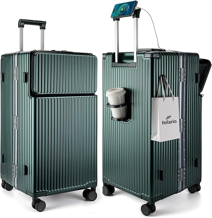 feilario 30in Super Large Captain Aluminum Frame Hardside Spinner Wheels Luggage, Zipperless Checked Suitcase with Front Compartment/Cup Holder/Phone Holder (Forest green,30in)