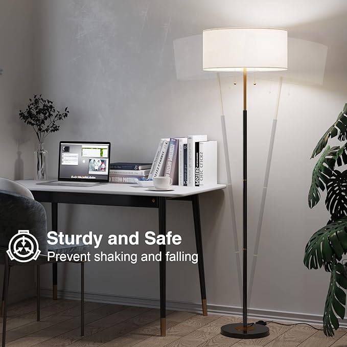 2-Light 3 Color Temperature Mid Century Floor Lamp for Living Room | 61" Black&Gold Tall Standing Lamp for Bedroom and Office with White Fabric Lampshade, 3000K/4500K/6500K 9W Bulb Included