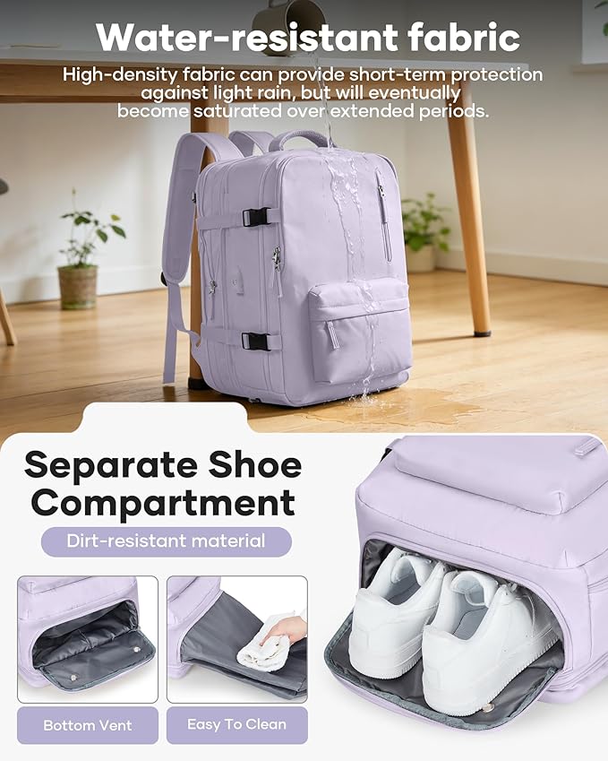 VECAVE Vacuum Backpack Travel with Pump, Expandable Personal Item Carry on Backpacks for Women Men, Laptop Waterproof Work Compression bags with USB Casual Daypack Purple