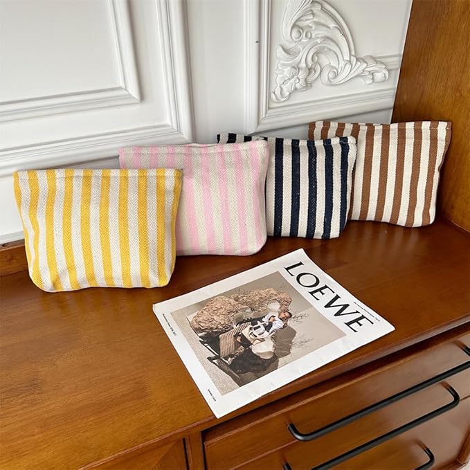 PAZIMIIK Makeup Bag Large Cotton Zipper Pouch for Purse Travel Canvas Make Up Organizer for Women Cosmetic,Stripe Yellow