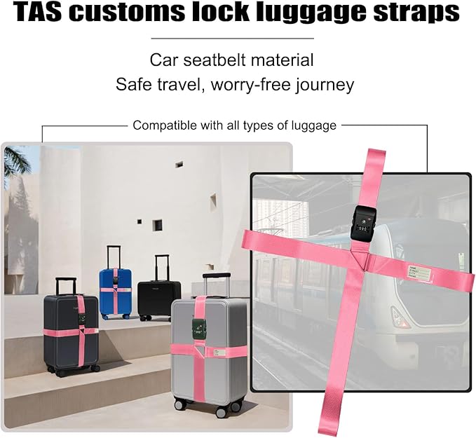 Luggage Straps TAS,Travel Strap with Name tag,Easy to Identify,Luggage Straps TSA Approved with Lock,Combination Luggage Lock with Adjustable Length,Compatible with 20-34 inch Luggage(Pink 1 Pack)
