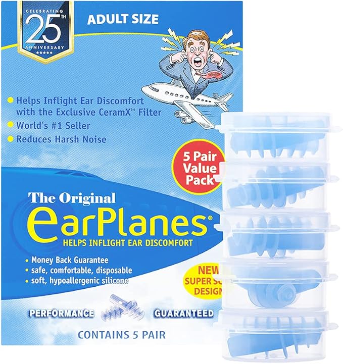 New Super Soft Adult EarPlanes® Ear Plugs Airplane Travel Ear Protection 5 Pair