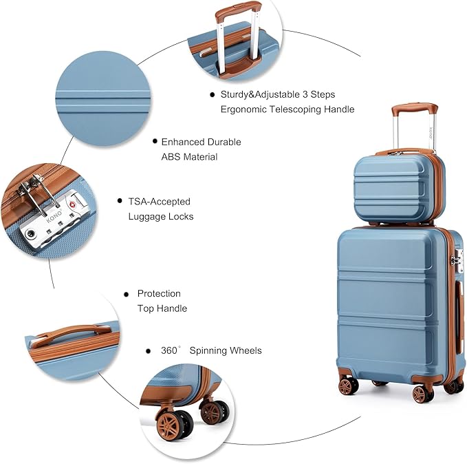 Kono Carry On Luggage Set Airline Approved Lightweight PC+ABS Carry On Suitcase with TSA Lock Spinner Wheels Durable Luggage Hardside Apricot Blue