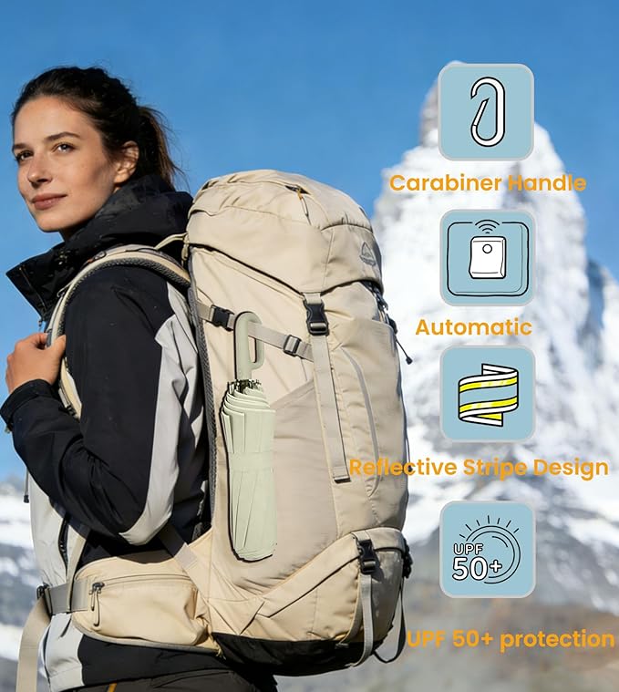 SIEPASA Travel Umbrella with Carabiner Handle - Windproof 10 Ribs Auto Open/Close for Rain & Sun Protection, Compact Portable Clip-on Backpack Design with Safety Reflective Strip.