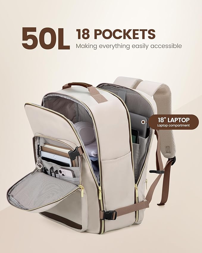LOVEVOOK Travel Backpack for Women & Men 50L,Airline Approved Carry On Backpack Travel Essentials,TSA Carry on Luggage,Waterproof Personal Item Travel Bag,Suitcase with 3 Packing Cubes,Primary-Coffee