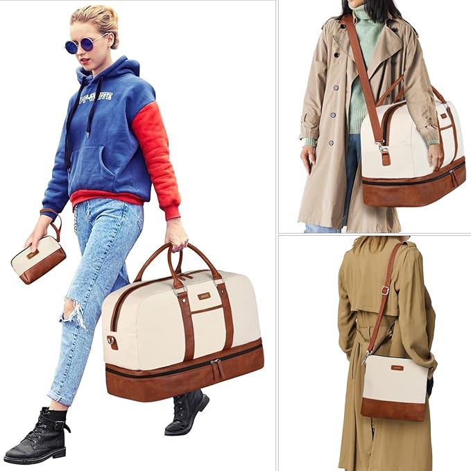 Weekender Bag for Women, Large Overnight Bag Canvas Travel Duffel Bag Carry On Tote with Shoe Compartment 21" 3Pcs Set